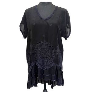 JOHNNY Was Black embroidered eyelet ruffle short sleeve top